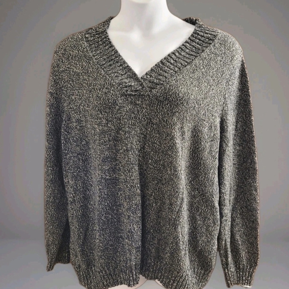 Fashion Bug Marbled V-Neck Cotton Sweater Black Long Sleeve White Womens Plus 4X
